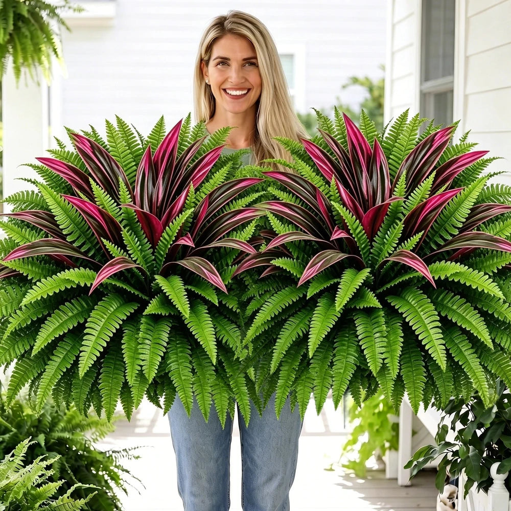 UV-Resistant Artificial Fern And Red Dracaena Plant