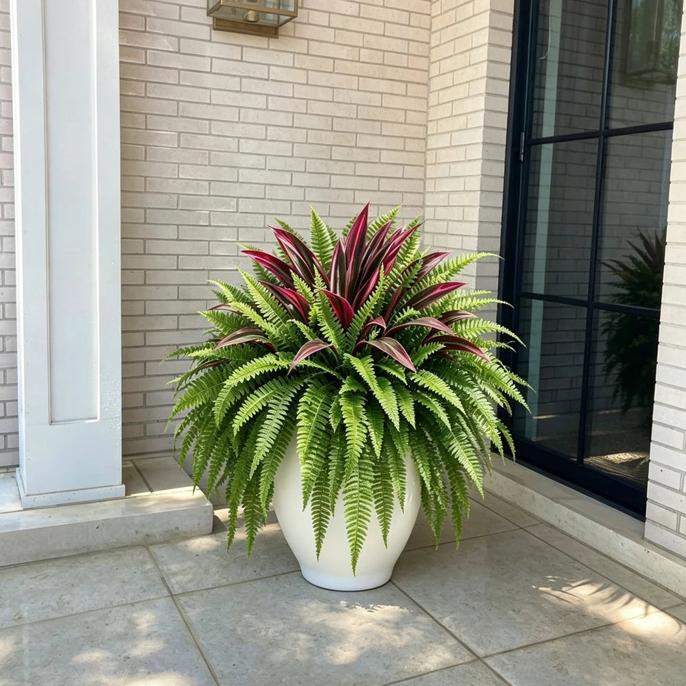 UV-Resistant Artificial Fern And Red Dracaena Plant