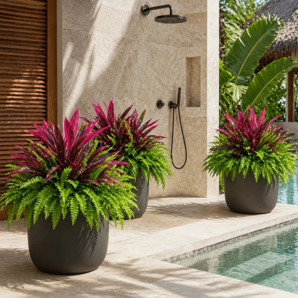 UV-Resistant Artificial Fern And Red Dracaena Plant