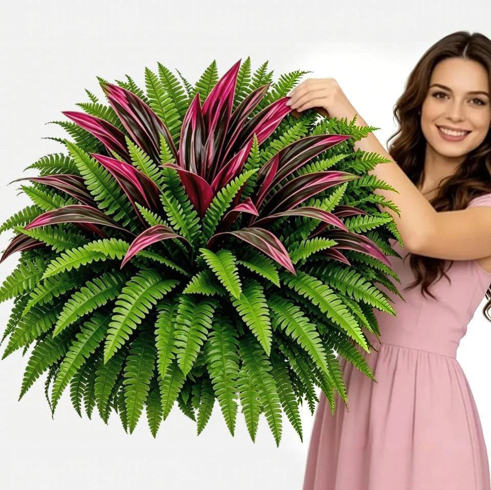 UV-Resistant Artificial Fern And Red Dracaena Plant
