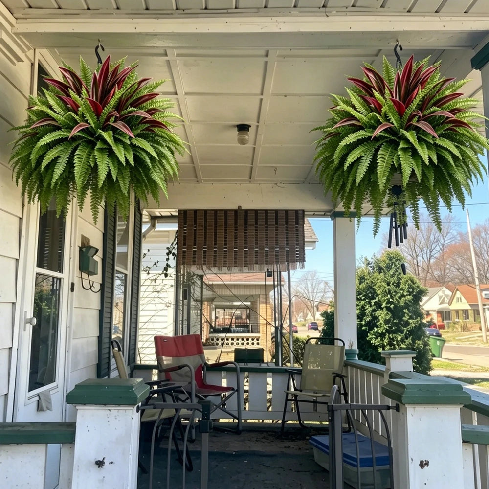 UV-Resistant Artificial Fern And Red Dracaena Plant